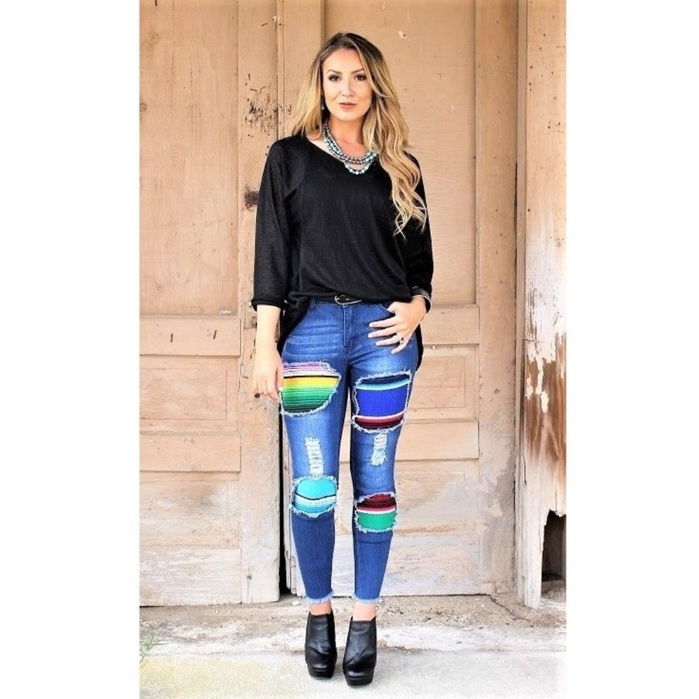 Jeans. Serape Fabric Patch Inserts. Destroyed. L&B Brand. Sizes 20, 22, 24. NWT